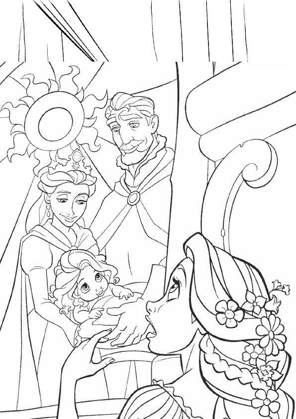 coloriage raiponce devant un portrait de famille
